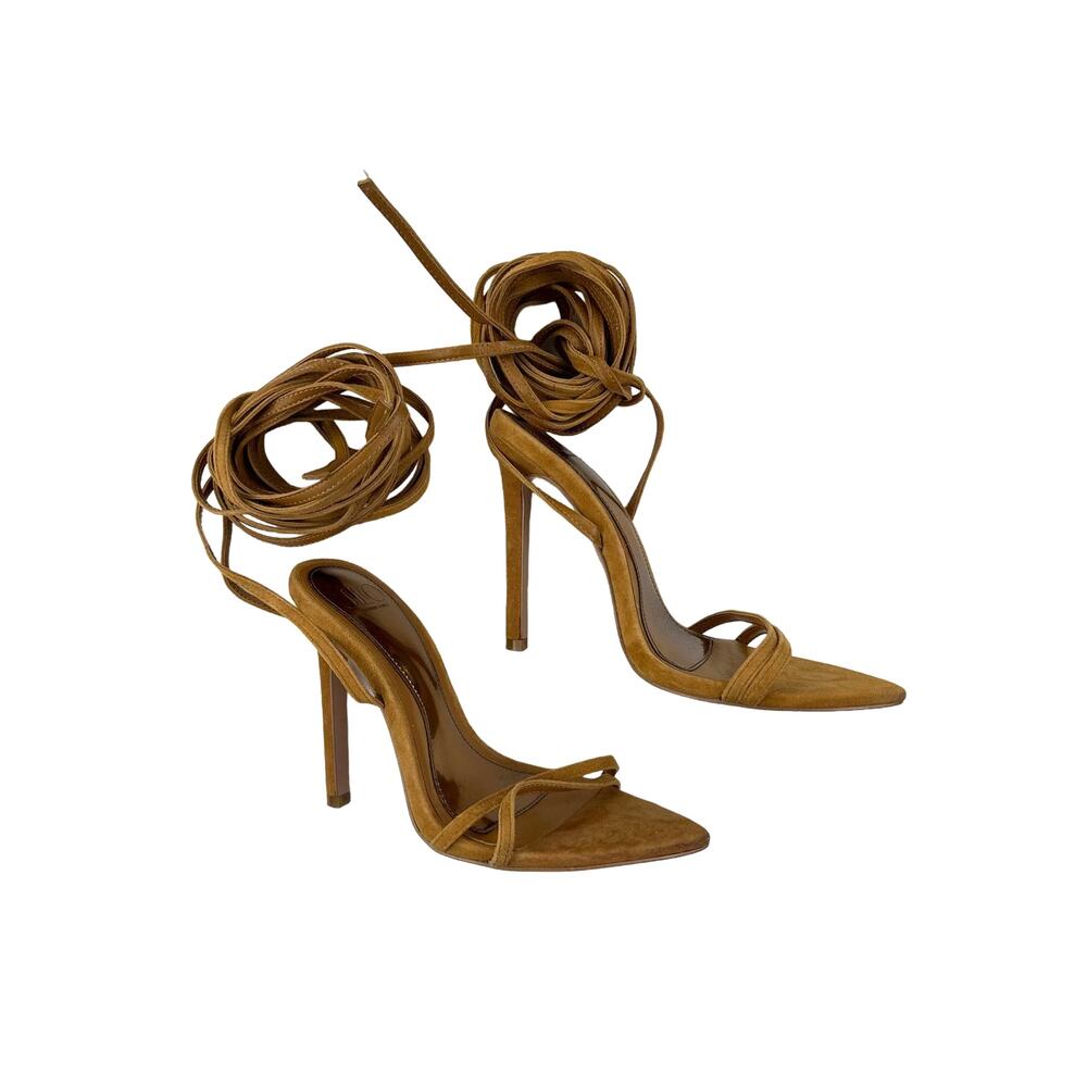 JLO - Jennifer Lopez Lincoln Heeled Sandal in Suede Brown Golden Desert